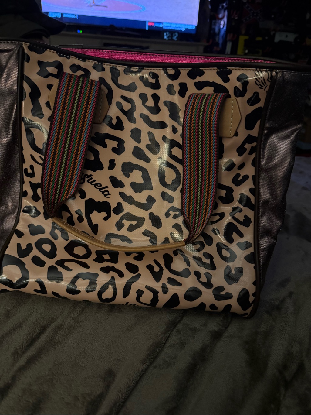 Consuela Leopard Print Tote Bag With Multi-Stripe Handles - Pink